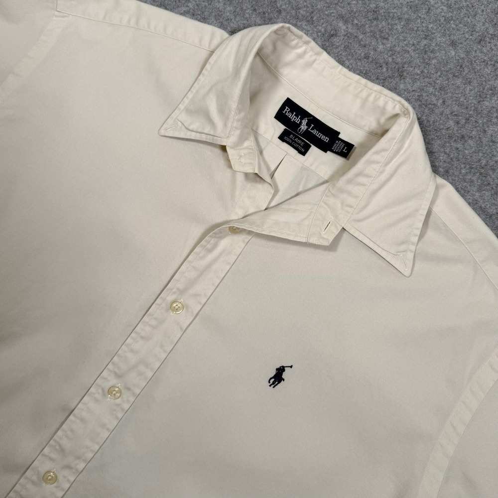 Ralph Lauren Blaire Mens Large Cream Short Sleeve Cotton Button Down Shirt Pony - Picture 1 of 9